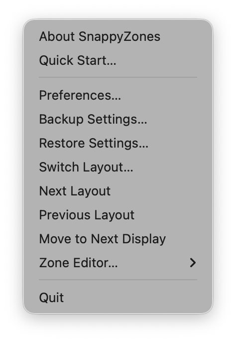 SnappyZones menu bar